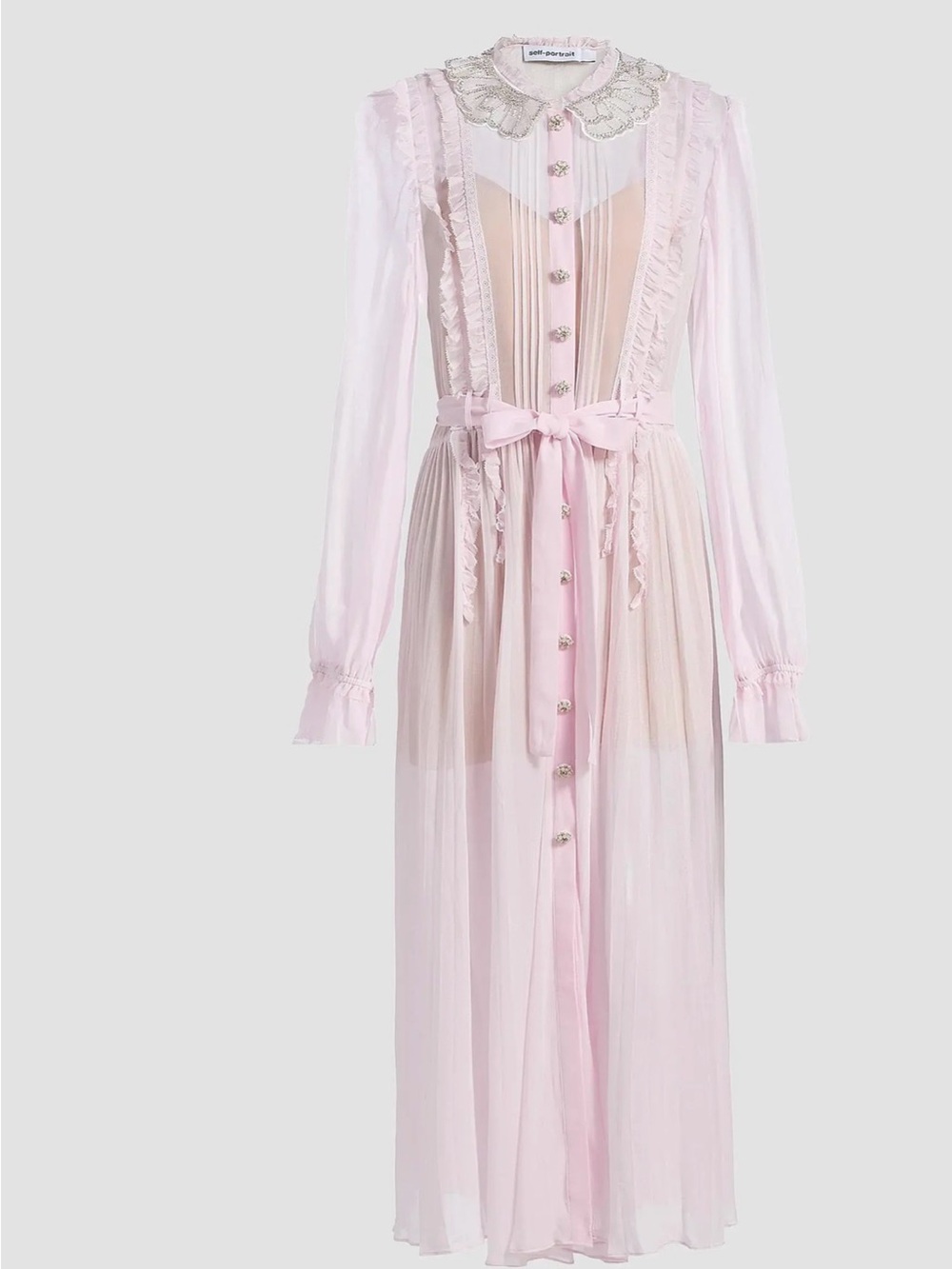 Self-Portrait Sheer Pale Pink Ruffle-Trim Tie-Waist Dress